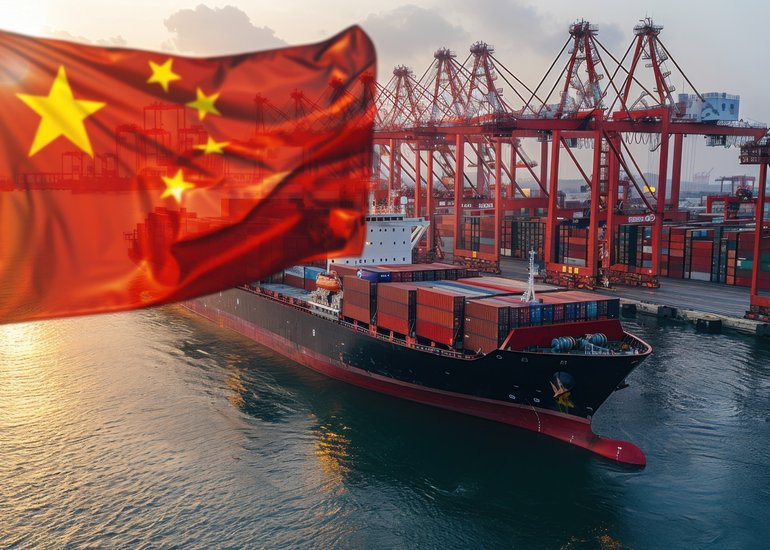 chinese-flag-waving-cargo-ship-port