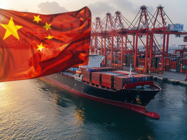 chinese-flag-waving-cargo-ship-port