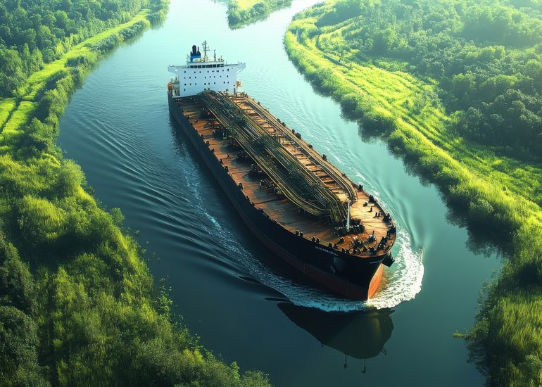 oil-tanker-navigating-through-narrow-canal-with-lush-green-landscapes-either