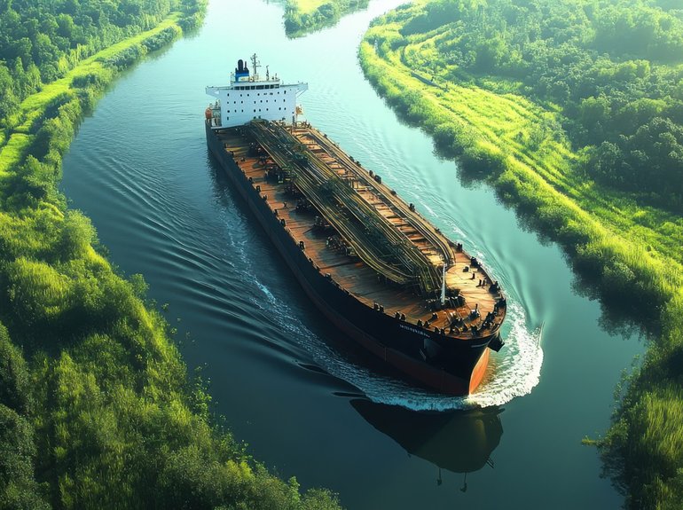 oil-tanker-navigating-through-narrow-canal-with-lush-green-landscapes-either